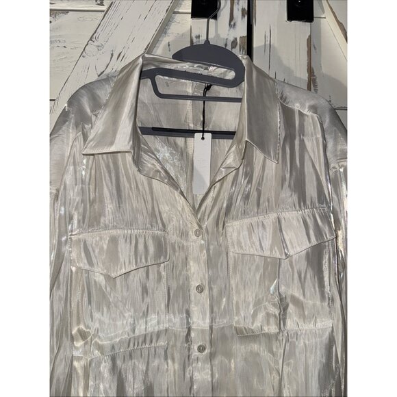 Day + Moon Women's Cream White Satin Shine Pocket Oversize Shirt Size Large - Picture 6 of 8